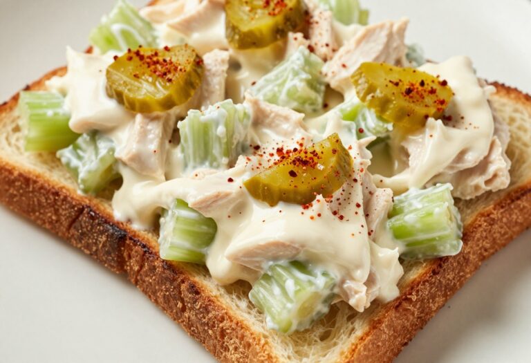 Creamy chicken salad on toasted sourdough bread with celery and pickle garnish.