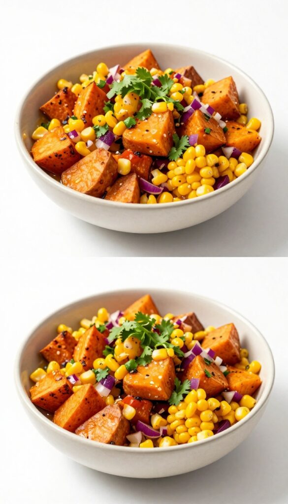 A vibrant bowl of spicy chipotle sweet potato salad with corn, featuring roasted sweet potatoes and corn in a zesty dressing with cilantro and red onion.