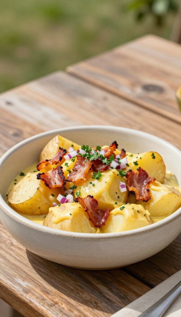 A bowl of mustard-potato salad with crispy bacon bits, garnished with red onion and parsley, on a rustic wooden table in bright natural light, perfect for a sunny family gathering.