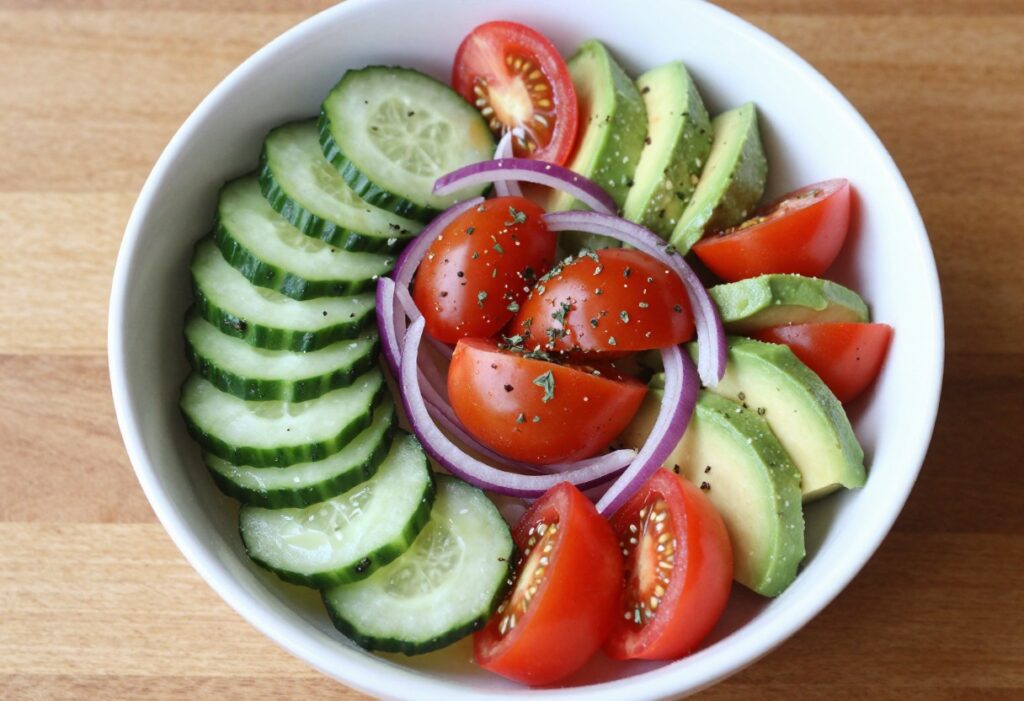 Fresh cucumber tomato avocado salad with colorful vegetables and herbs in a white bowl