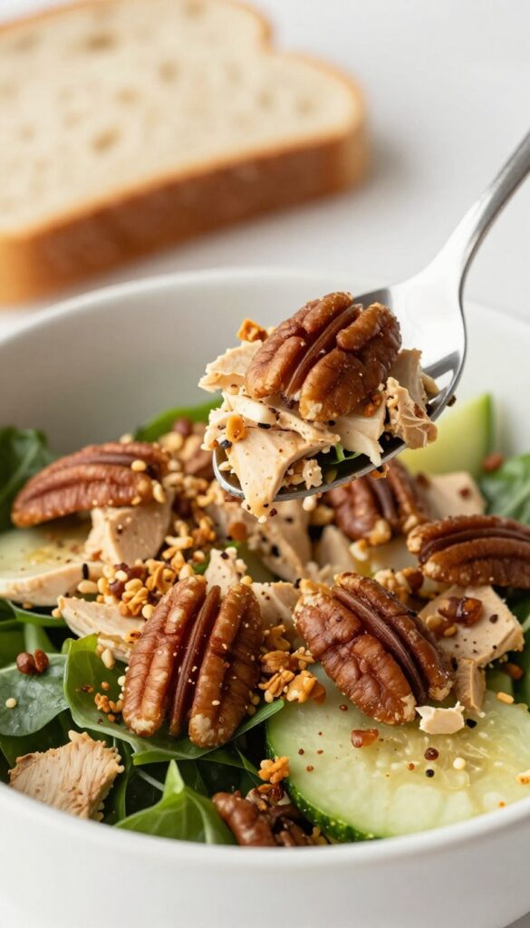 Close-up of chicken salad with apples showing texture and pecans
