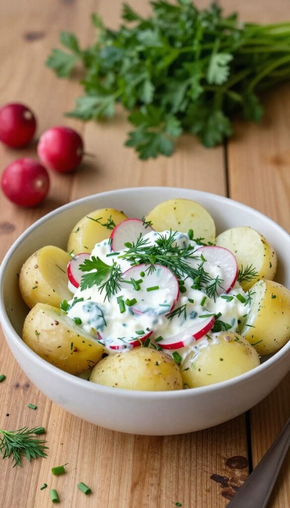 A bowl of herbed potato salad with radishes and yogurt dressing, bright and fresh, perfect for a summer table.