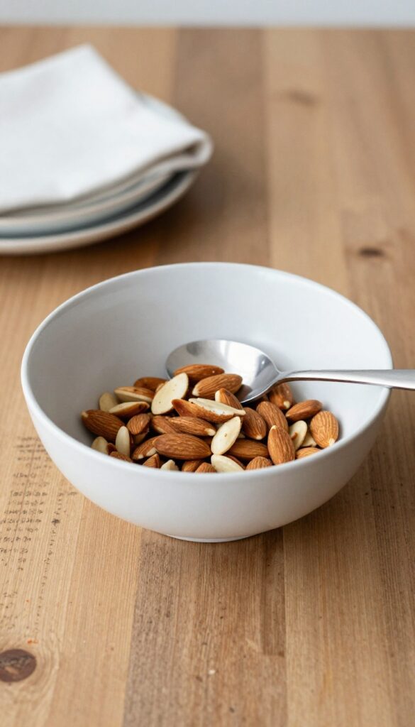 Serving bowl of lemon chicken salad with almonds and spoon on party table