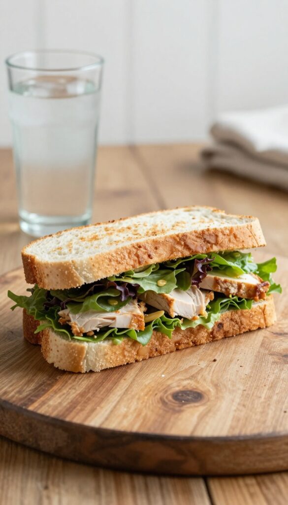 Chicken salad sandwich with side salad and iced tea