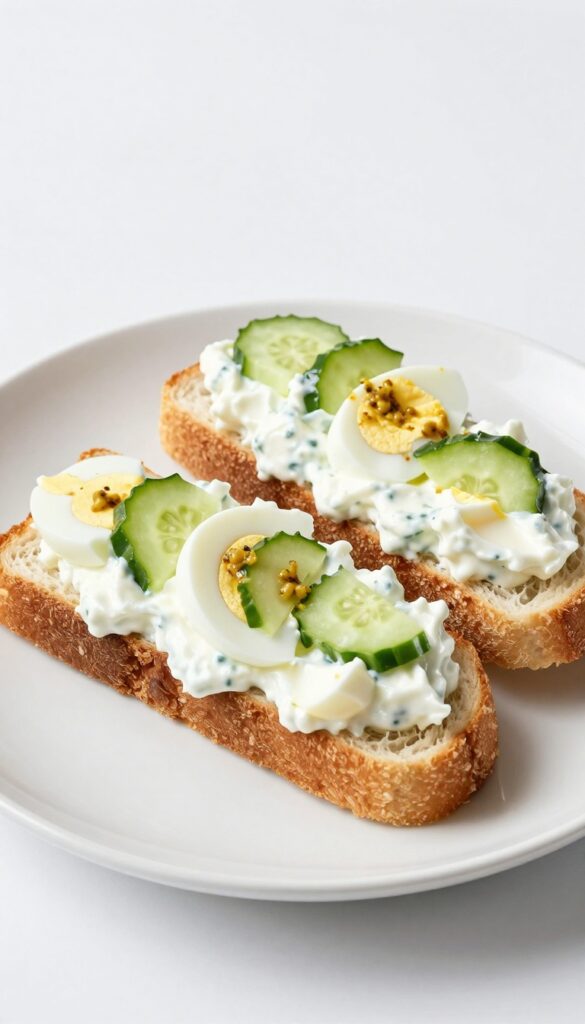 A close-up view of a Greek yogurt egg salad sandwich, showcasing its creamy, tangy filling with chopped eggs, Greek yogurt, mustard, and cucumber, served on bread in bright natural light, representing a lighter, flavorful lunch option.