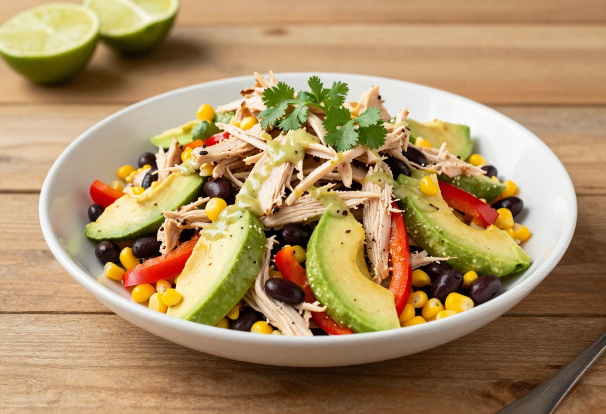 Southwest chicken salad in a white bowl with avocado and cilantro on a wooden table