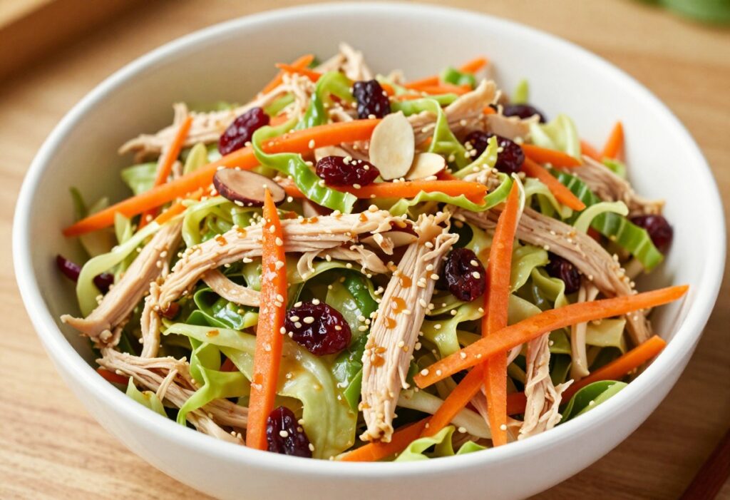 Asian Chicken Cranberry Salad in a white bowl on a wooden table