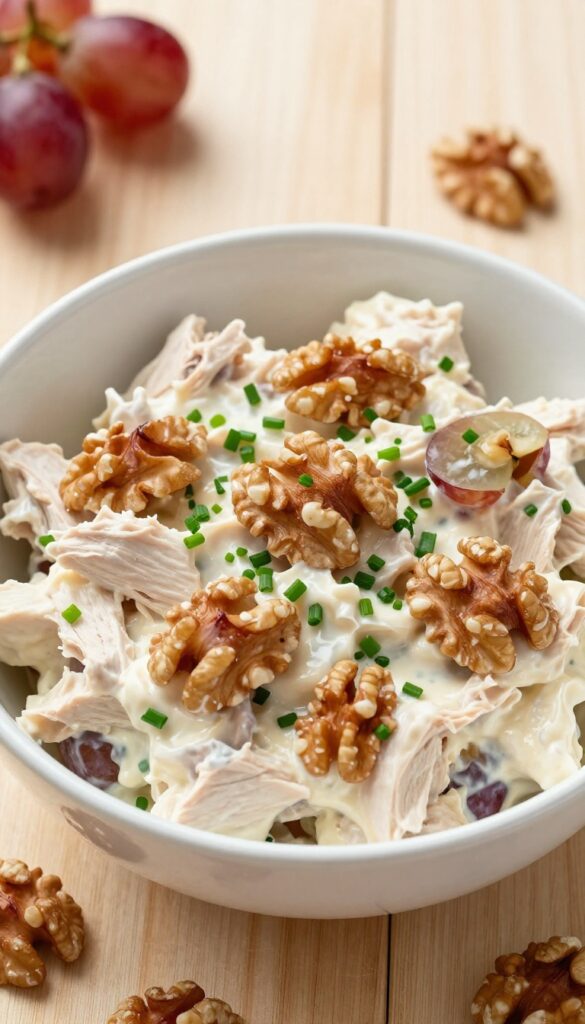 Creamy chicken salad with red grapes and walnuts in a white bowl on a wooden table
