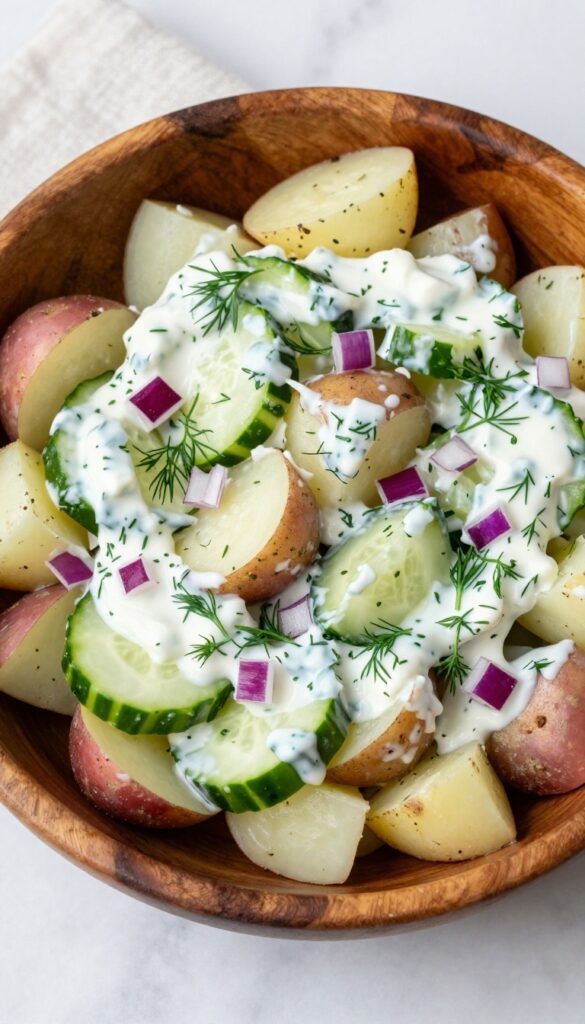 Creamy dill and cucumber potato salad in a rustic wooden bowl with fresh ingredients like red potatoes, cucumbers, and dill under bright natural light.