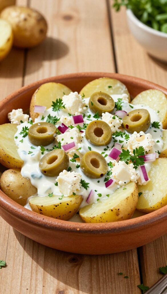 A bowl of Greek-inspired potato salad with feta, olives, and yogurt dressing, served on a wooden table in natural light.