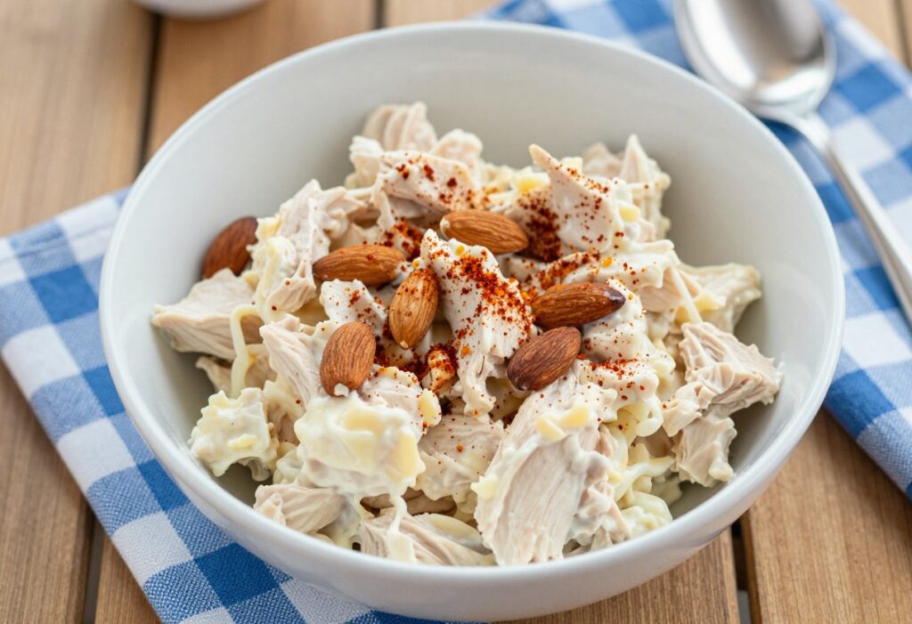 Bowl of creamy chicken salad with almonds on a wooden picnic table