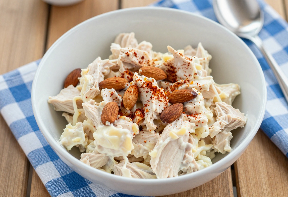 Bowl of creamy chicken salad with almonds on a wooden picnic table