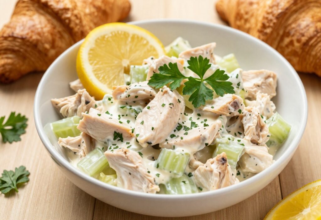 Bowl of creamy lemon chicken salad with celery and herbs, garnished with lemon wedges