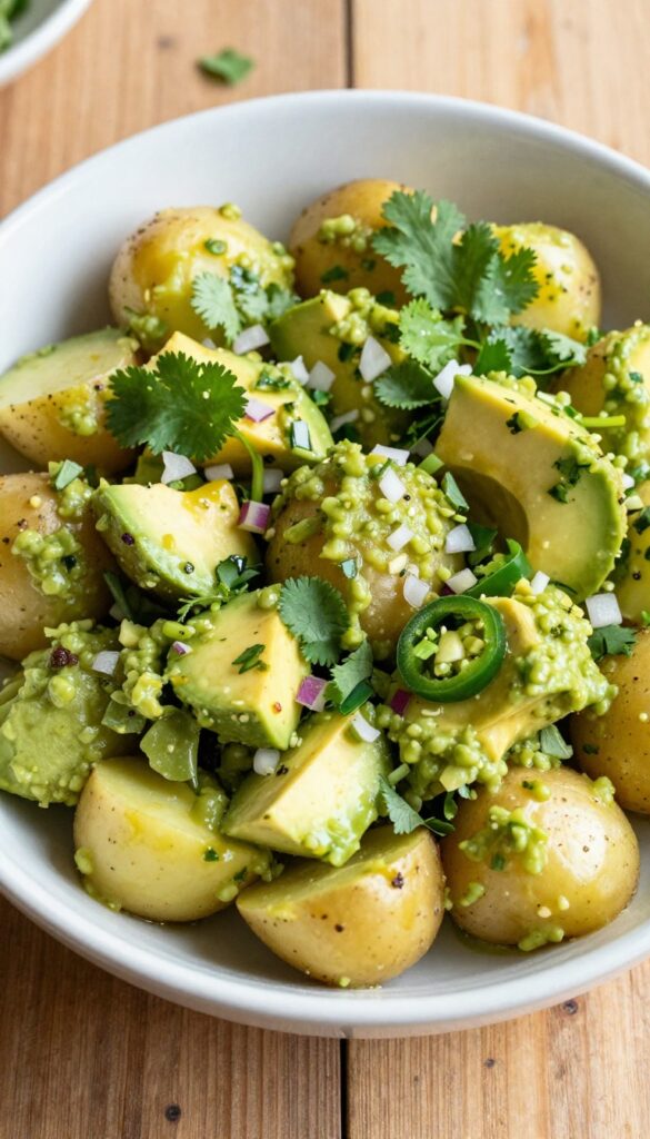 Creamy avocado and cilantro potato salad with Yukon Gold potatoes, fresh cilantro, red onion, and optional jalapeño, served in a ceramic bowl on a wooden table in natural light.