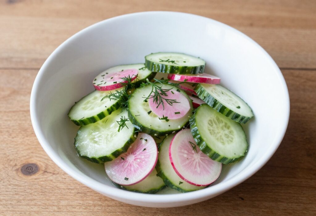 Cucumber radish salad with dill in a white bowl on a wooden table