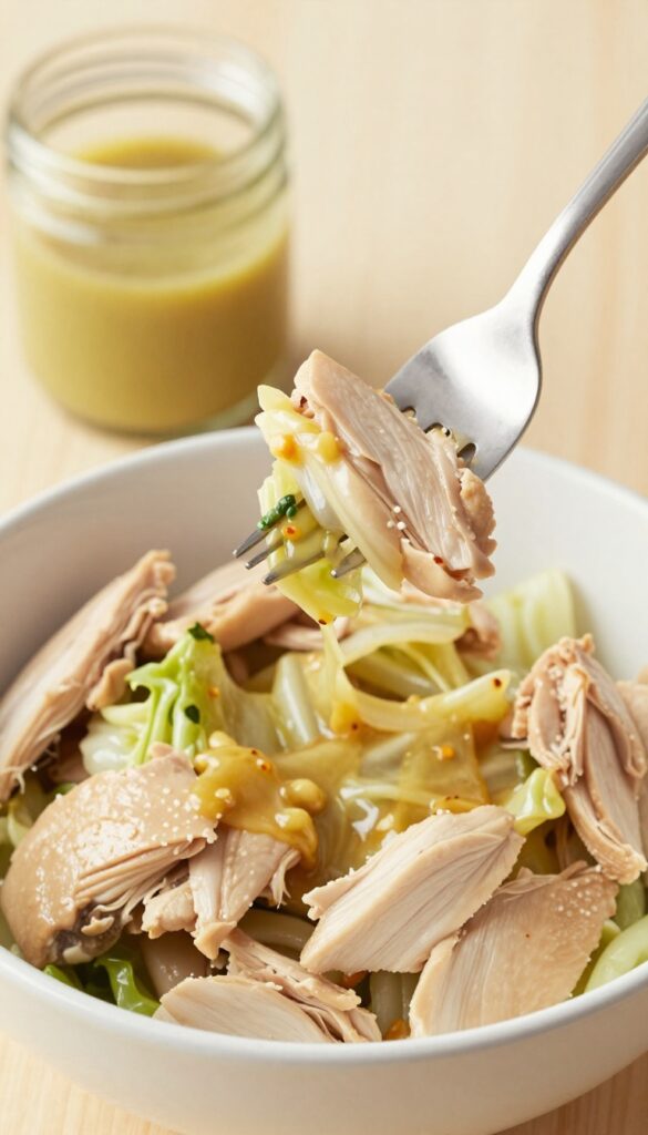 Close-up side view of Chinese chicken salad with dressing and fork