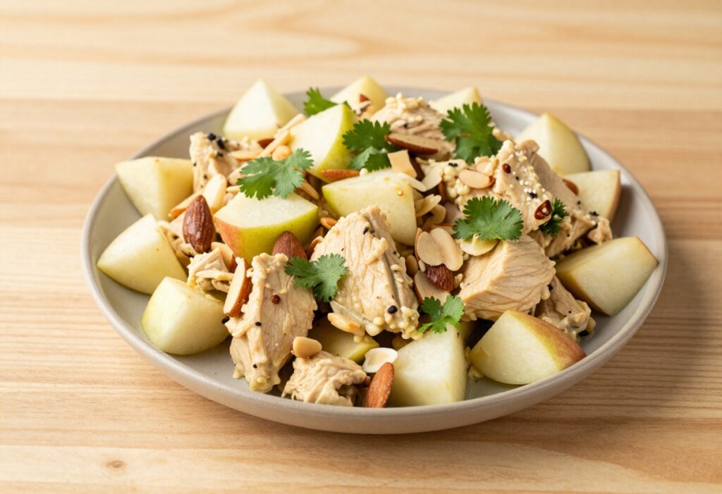 Bowl of creamy curry chicken salad with apple and almonds on a wooden table