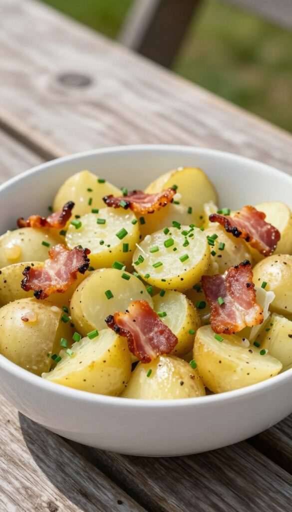 A bowl of smoky bacon and chive potato salad on a wooden table, ready for a summer picnic.