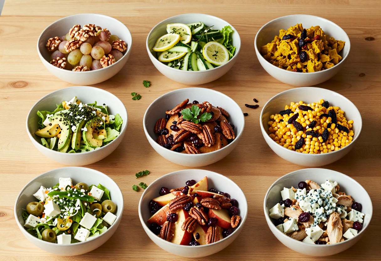 Variety of chicken salad bowls on a wooden table