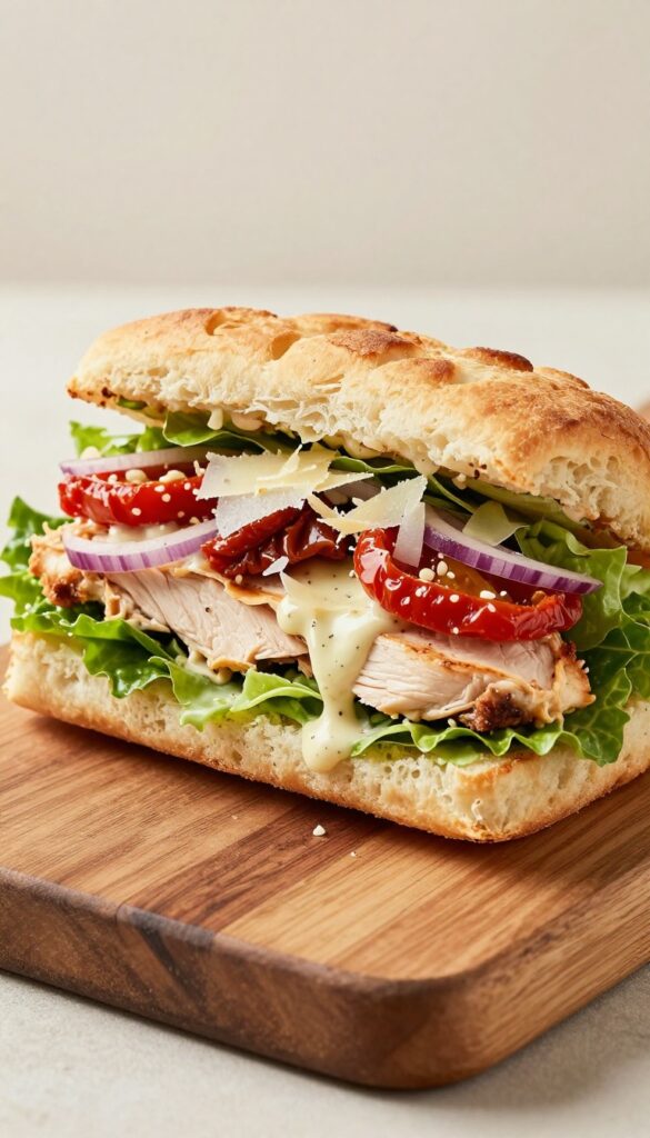 Cross-section of an Italian Chicken Caesar Salad Sandwich with chicken, romaine, Parmesan, sun-dried tomatoes, and dressing on a rustic board in natural light.