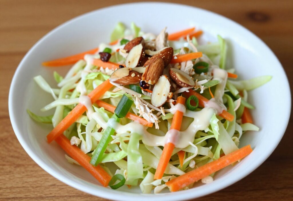 Bowl of shredded chicken salad with cabbage, carrots, green onions, and almonds