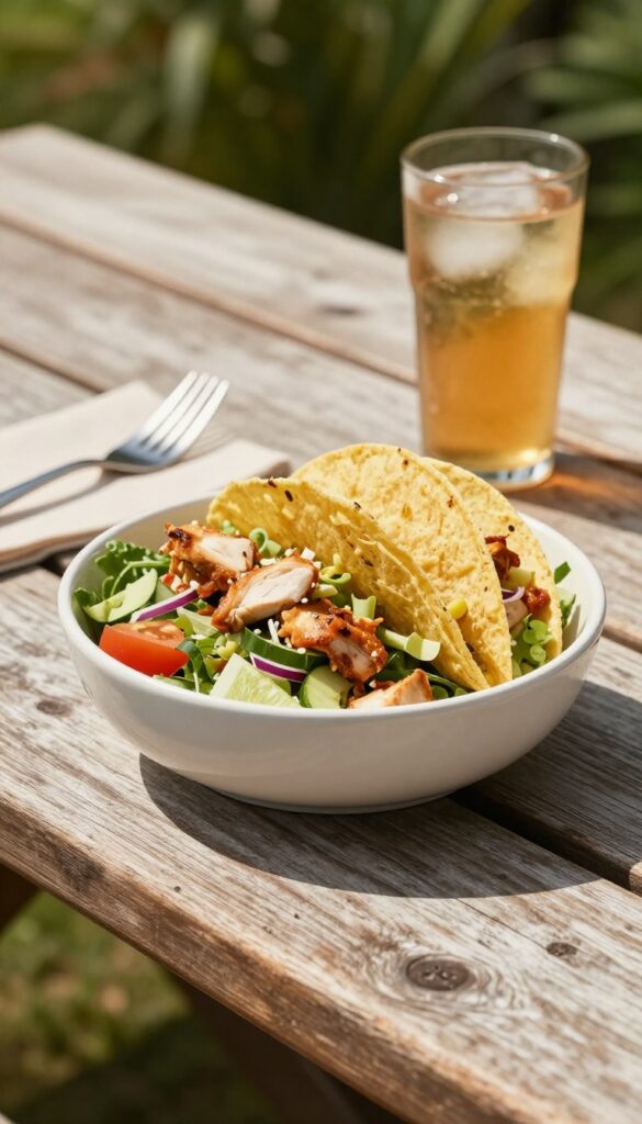 Chicken taco salad bowl on a picnic table with garden background