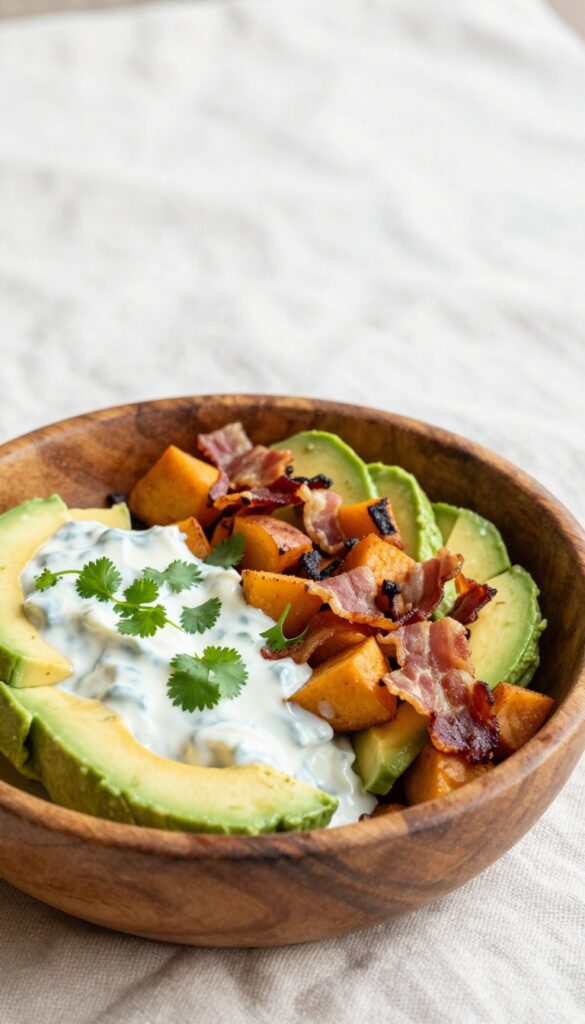 Creamy avocado and bacon sweet potato salad in a wooden bowl on a picnic blanket for effortless outdoor feasts.