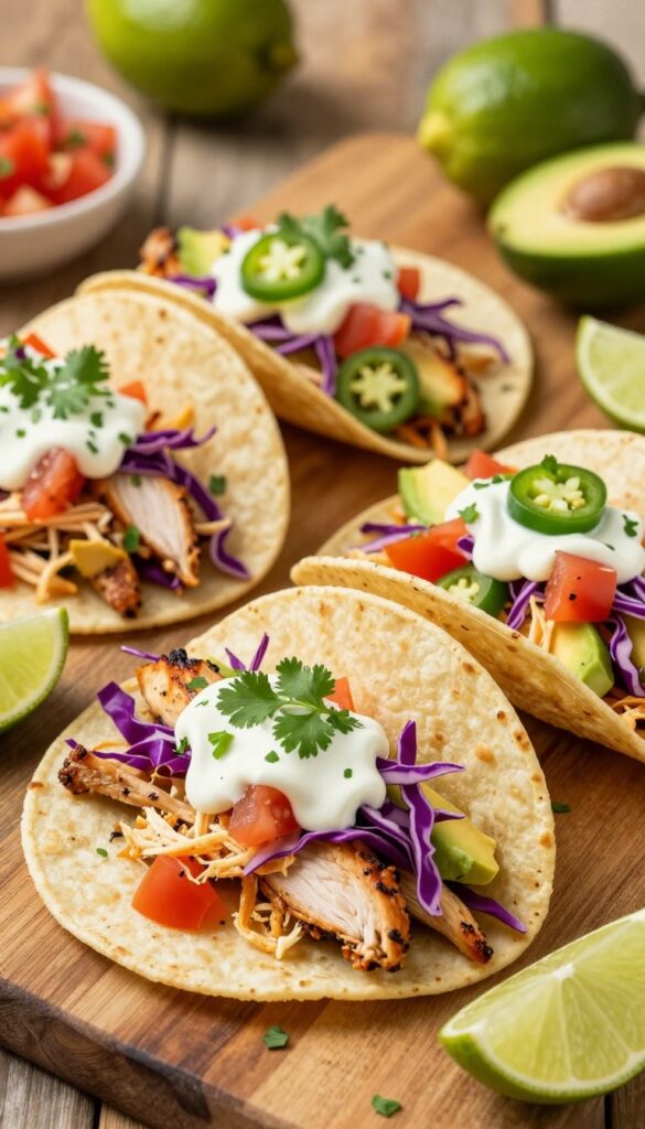 Three corn tortilla tacos filled with rotisserie chicken, cabbage, tomato, and avocado, topped with lime crema, cilantro, and jalapeño.