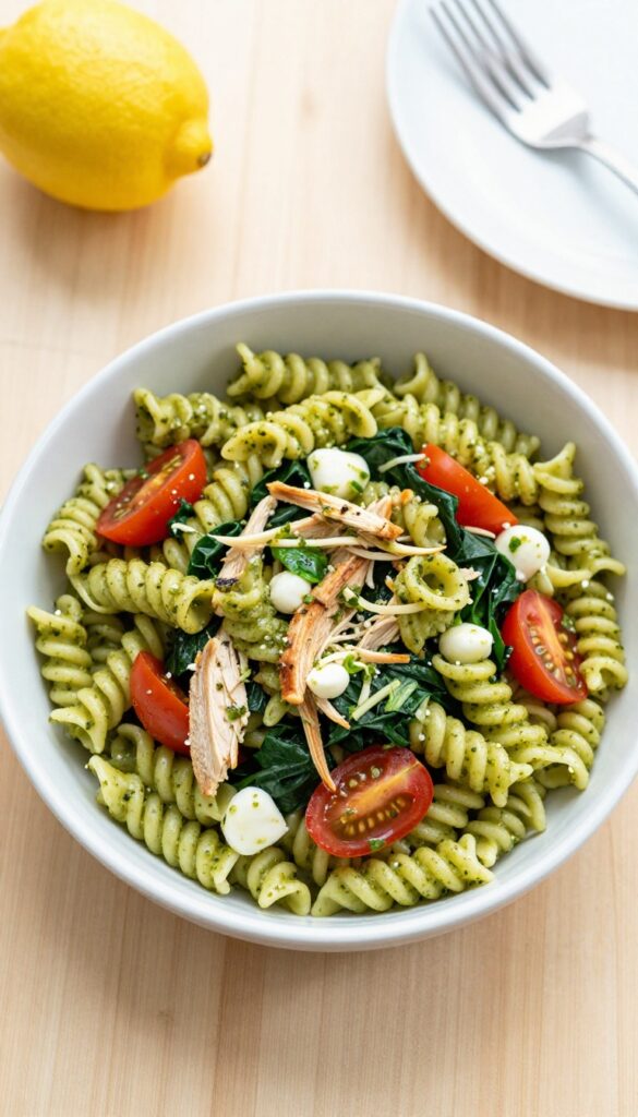 A bowl of chicken pesto pasta salad with cherry tomatoes, spinach, and mozzarella, on a wooden table with a lemon and fork.
