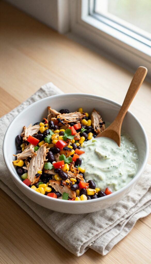 Smoky BBQ chicken salad with corn and black beans in a white bowl on a wooden table.