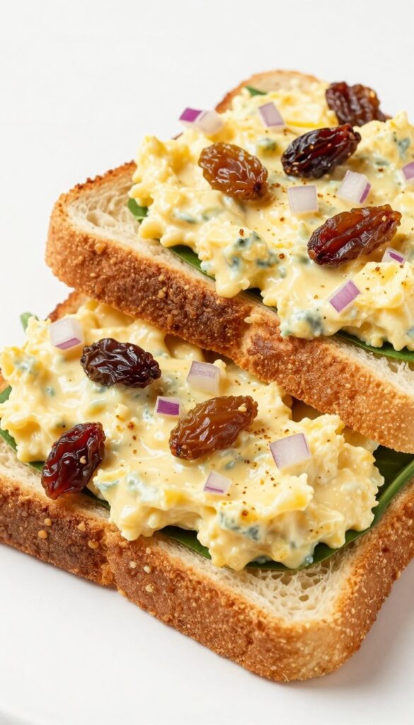 A close-up photograph of a curry and raisin egg salad sandwich on toasted whole-grain bread with fresh spinach, showcasing creamy egg salad with curry powder, raisins, and red onion in bright natural light.