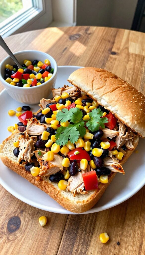 Smoky BBQ chicken salad on a toasted brioche bun with corn and black beans