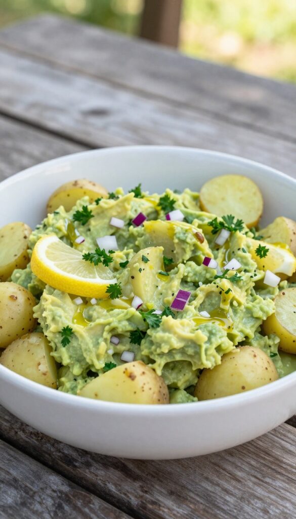 Creamy vegan avocado potato salad with baby potatoes, avocado mash, red onion, and parsley in a white bowl on a wooden table, garnished with lemon slices, suitable for picnics or BBQs.