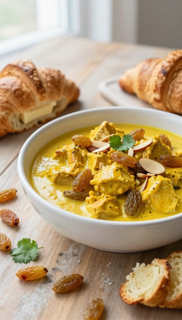 Curry chicken salad in a white bowl with golden raisins and almonds, served with a croissant on a wooden table.