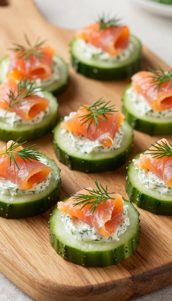 Cucumber rounds topped with cream cheese spread and smoked salmon, garnished with dill