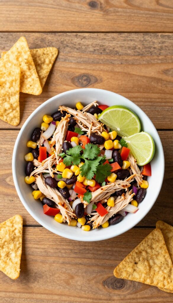 Spicy Southwest Chicken Salad in a white bowl with tortilla chips on a wooden table
