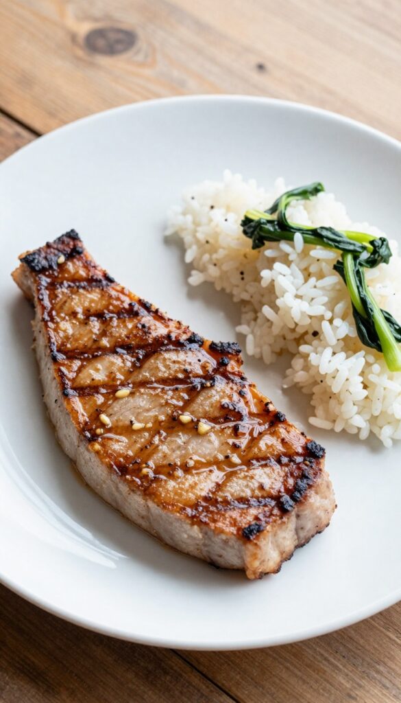 Grilled tuna steaks with garlic soy marinade, served with rice and greens on a wooden table.