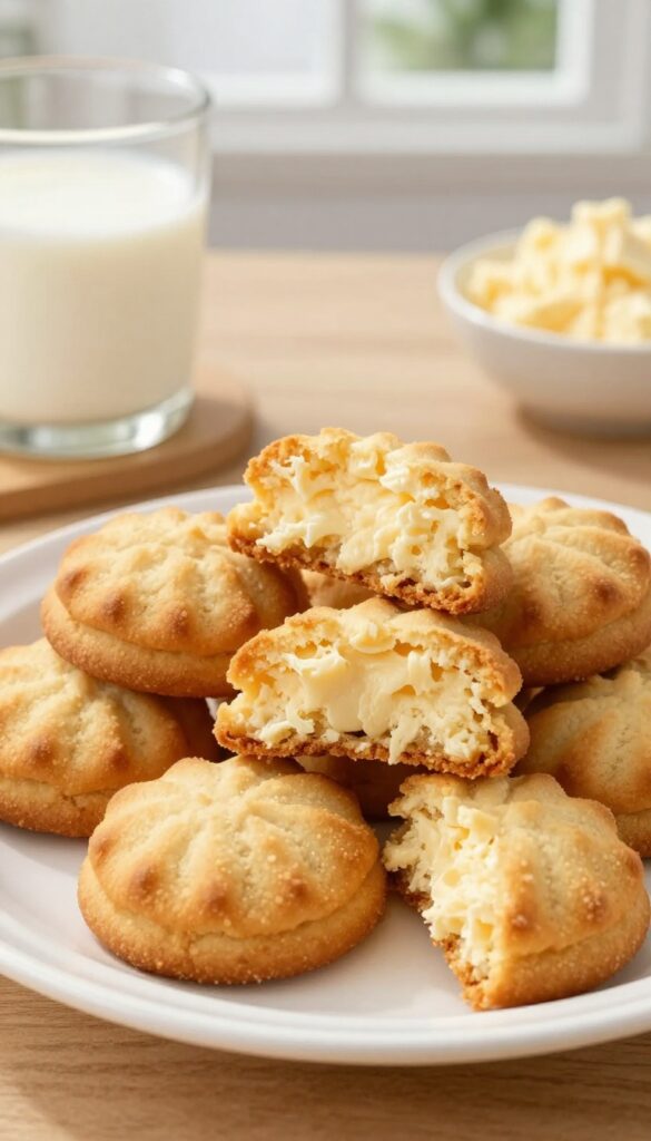 Stack of soft cottage cheese cookies on a plate with a glass of milk in the background
