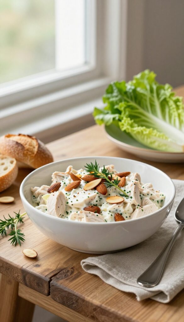 Classic Tarragon Chicken Salad with Toasted Almonds in a white bowl on a wooden table with endive leaves and brioche roll.