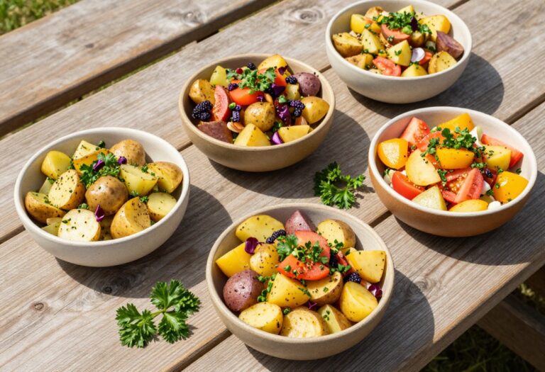 Assortment of colorful potato salads in bowls on a picnic table, perfect for summer cookouts.