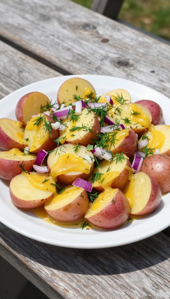 A close-up photo of Light and Tangy Mustard Potato Salad with red potatoes, Dijon mustard dressing, red onion, and dill on a wooden table in natural light.