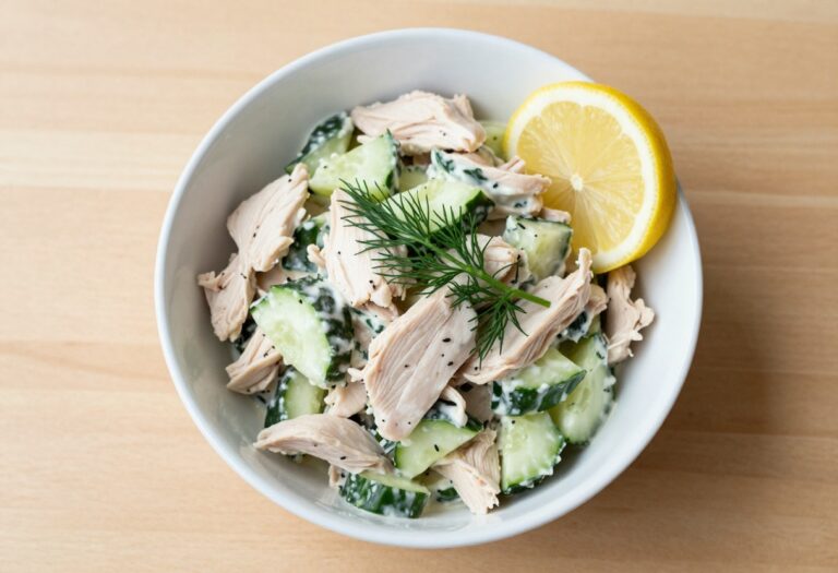 Cucumber chicken salad in a white bowl with fresh dill and lemon wedge