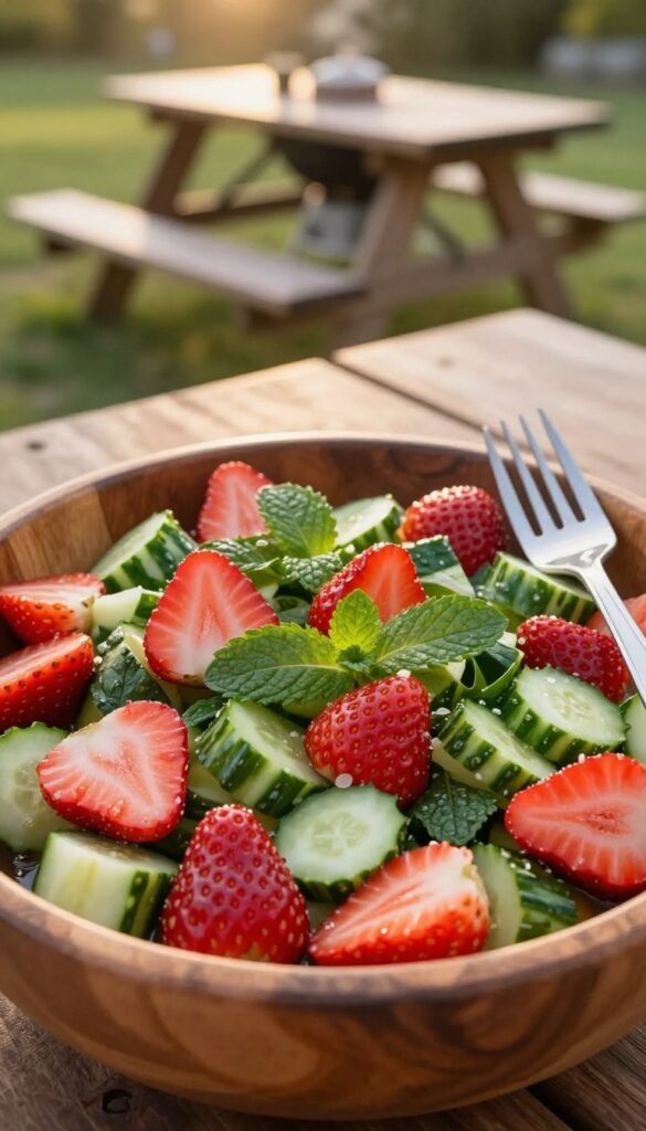 Close-up of strawberry cucumber salad with mint in a wooden bowl at a cookout