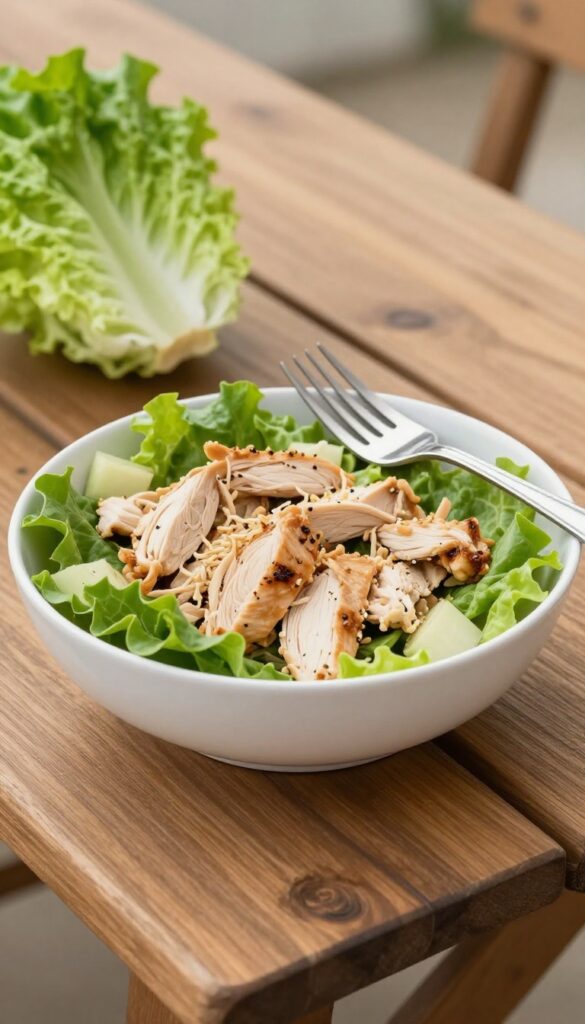 Keto chicken salad served in a bowl on a picnic table with lettuce cups