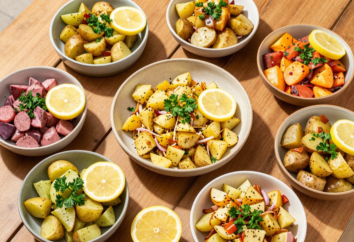 Colorful potato salads in bowls on a picnic table, garnished with herbs and lemon slices