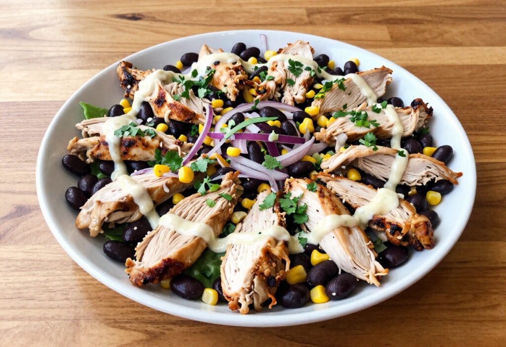 Bowl of BBQ chicken salad with black beans, corn, and cilantro on a wooden table
