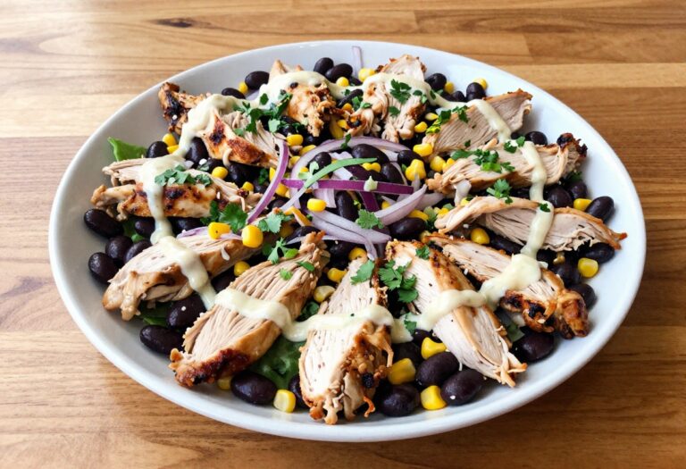 Bowl of BBQ chicken salad with black beans, corn, and cilantro on a wooden table
