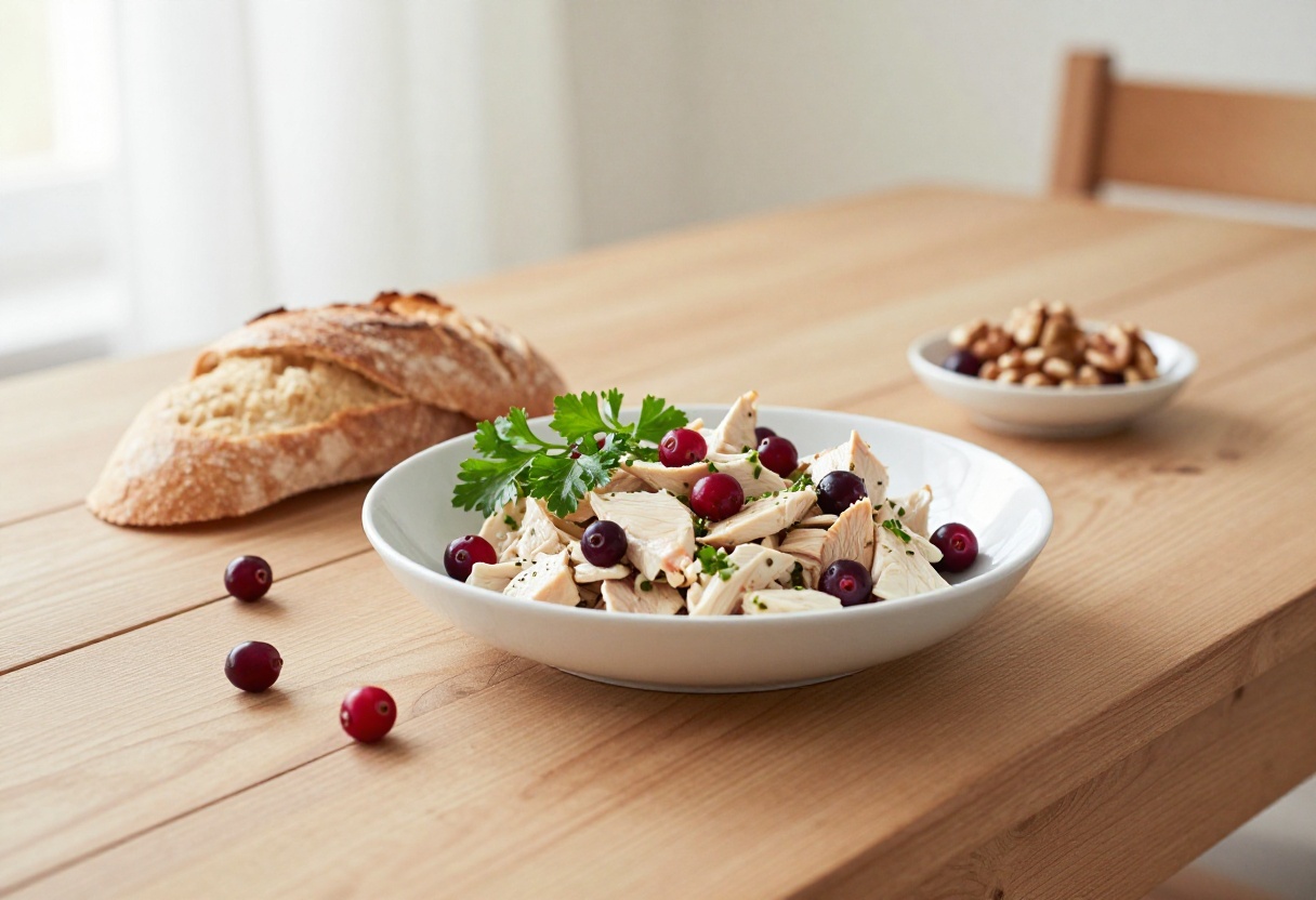 Cranberry chicken salad in a white bowl on a wooden table with bread and walnuts
