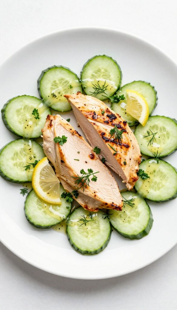 Grilled lemon herb chicken and cucumber salad on a white plate with fresh herbs.