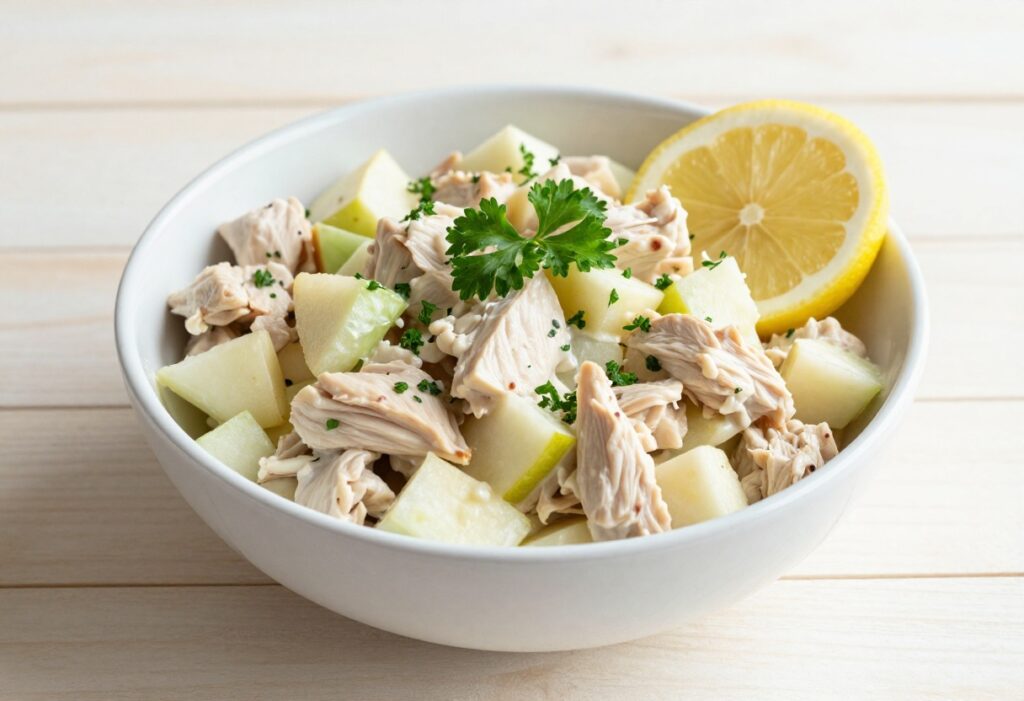 Bowl of chicken salad with apples and lemon garnish on a wooden table